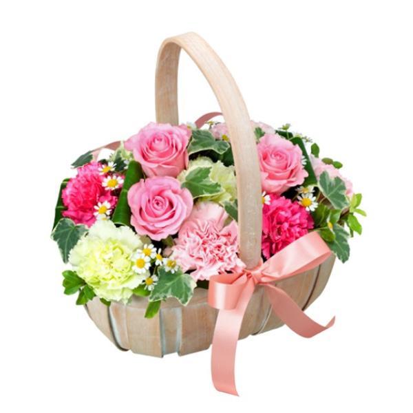 花キューピット  誕生日プレゼントにかわいいバスケットのフラワーアレンジメント メッセージカード無料 - 511575 生花 フラワーギフト 宅配 花