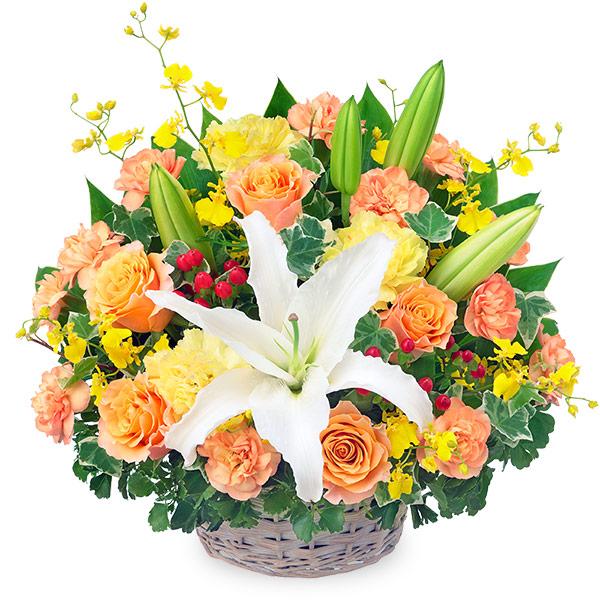 花キューピット フラワーギフト 白ユリとオレンジ・黄色の花のフラワー