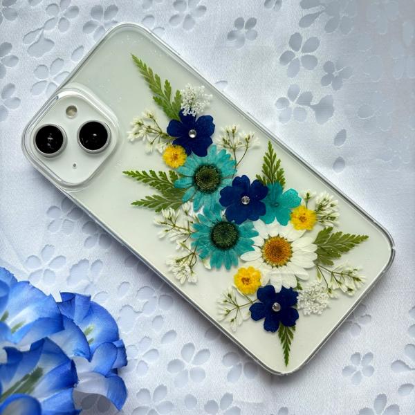 ほぼ全機種対応 押し花 スマホケース No.518（ブルー）】ハンドメイド