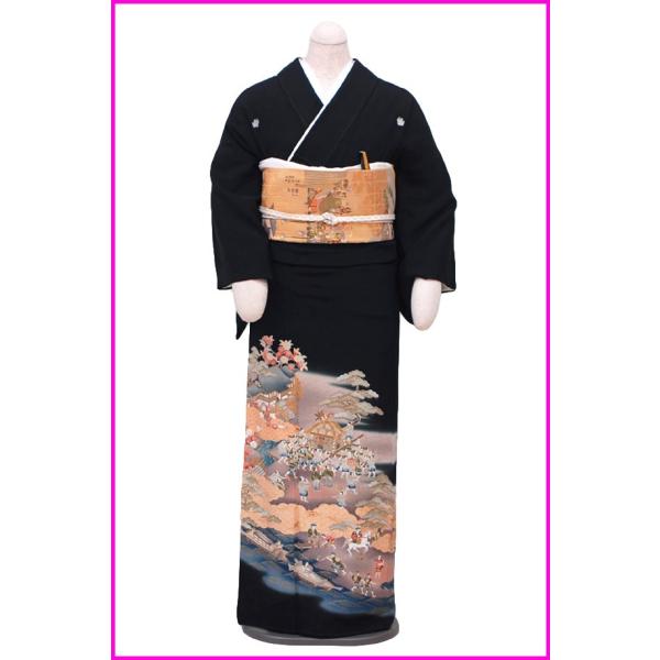 c*o様 作家物 黒留袖 竹取物語 大名行列 トールサイズ 本金箔 着物 A-0 12587】 着物リメイク 留袖 ロングコート 逆雲取模様 扇子 古典