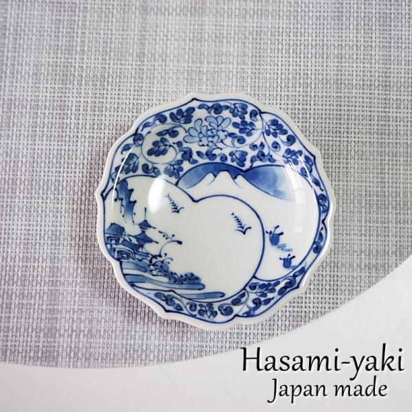 D-5 染付 角皿 藍色 和柄 桜 御所車 花鳥図 菓子皿 取皿 レトロ 陶器 波佐見焼 小皿 小付 小鉢 染付絵変わり 間取山水百景桔梗高台皿