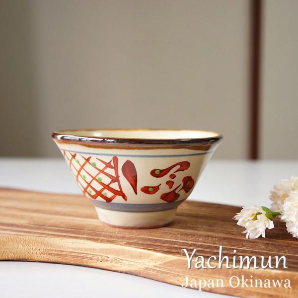 沖縄 やちむん 茶碗 3.5寸マカイ 赤絵格子 青 國場陶芸 壺屋焼 焼き物 陶器 お茶碗