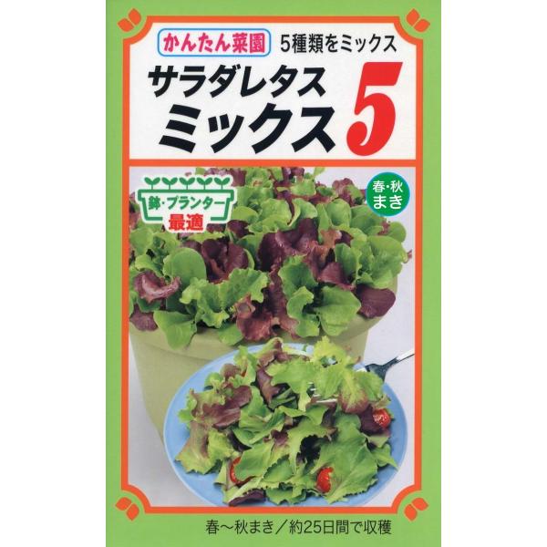 サニーレタス、ちりめんちしゃ、サラダ菜、チマサンチュ赤、チマサンチュの5種類の種が入ってます。  第４種郵便で４袋まで、送料７３円です。　●地域別の蒔き時を２枚目以降の画像で必ず確認して下さい。「確認事項」の「標準的栽培事例の画像を確かめて...