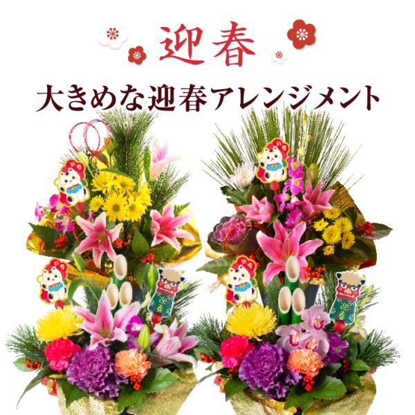 ■商品内容◆迎春アレンジ慶春(百合)青竹、若松、千両、百合、菊、葉牡丹、カーネーション、新春まねきねこピック、獅子舞いピック、お手入れのしおり◆迎春アレンジ慶春(シンビジューム)青竹、若松、千両、シンビジューム、菊、葉牡丹、カーネーション、...