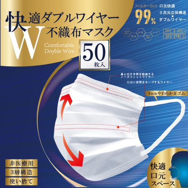 【HIRO】　快適ダブルワイヤー不織布マスク　50枚入り　普通サイズ　お得用　息がしやすい