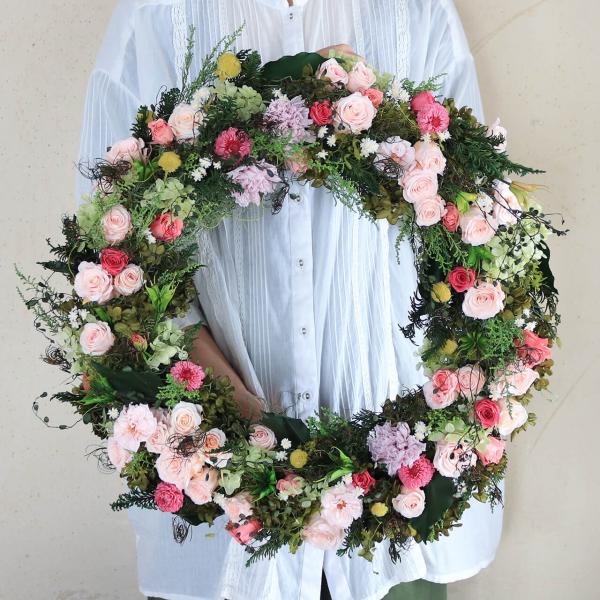 特大 1点もの 約直径50cm 】 ンクグリーンのエレガントな大きいリース