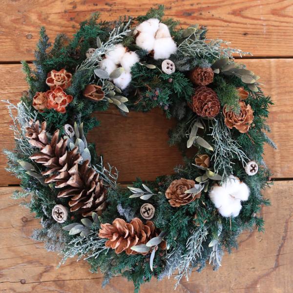 綿の実と木の実と針葉樹の大きなリース ◇ プリザーブドフラワー
