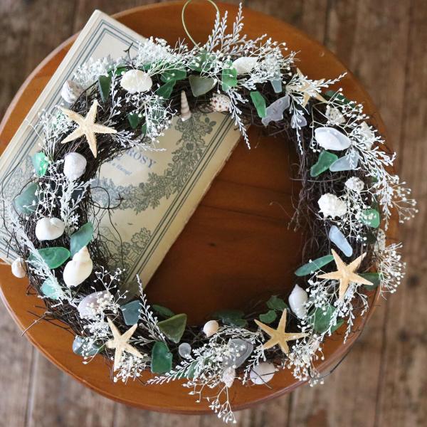 border ribbon shell wreathe ❤︎ グログラン リース 1点もの ・ 玄関ドアOK♪】貝殻とシーグラスの夏色リース C / 夏 玄関