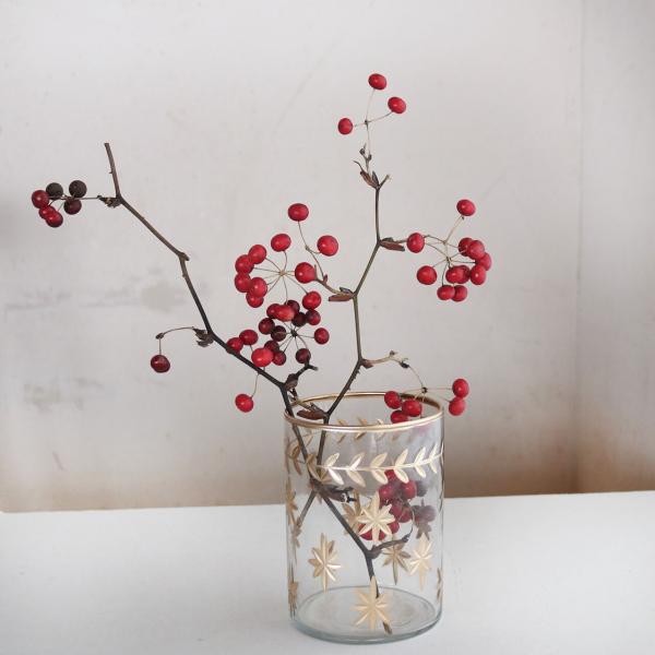 星模様 ガラスベース キャンドルホルダー L クリア 花瓶 フラワーベース ◆ アンティーク調 おしゃれ 北欧ナチュラル ドライフラワー バラの実 クリスマス