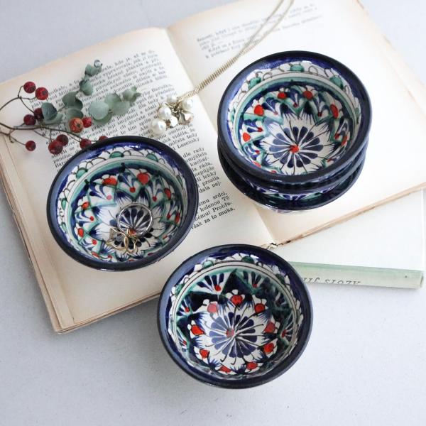 ウズベキスタン リシタン陶器 ボウル ブルー S ＊ おしゃれ ナチュラル 北欧インテリア アクセサリートレー リシタンブルー モザイク模様 幾何学模様 小鉢 湯呑