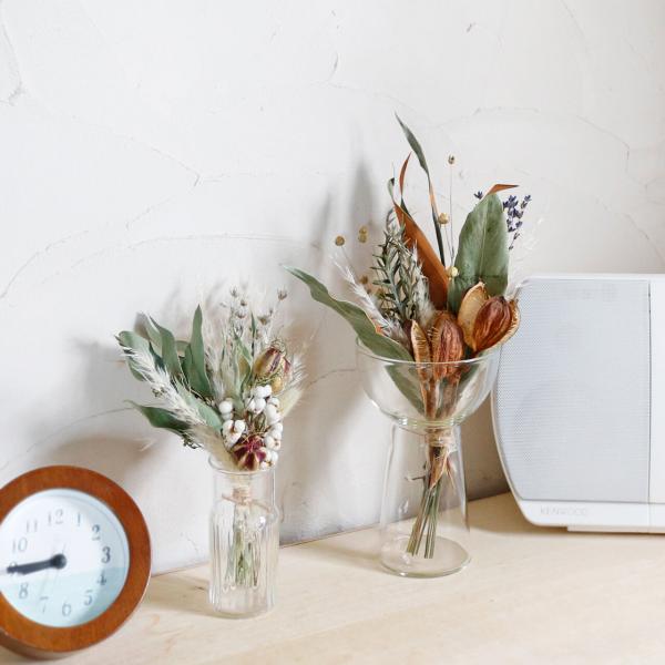 そのまま飾れる♪ドライフラワー＆ガラス花瓶セット ナチュラル・ブラウン＊ ナチュラルインテリア フラワーベース 飾り方 花瓶 ブーケ ドライフラワーセット