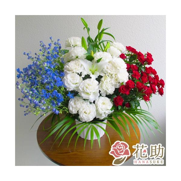 【最短出荷日】15時までの注文で翌日配送可先の日時指定も可能です。備考欄でご記載ください。【お届け内容】3色アレンジメント花画像は一例です。使用するお花は季節、仕入れ状況により異なるので仕上がりはお任せとなります。【サイズ】幅約60ｃｍ　x...