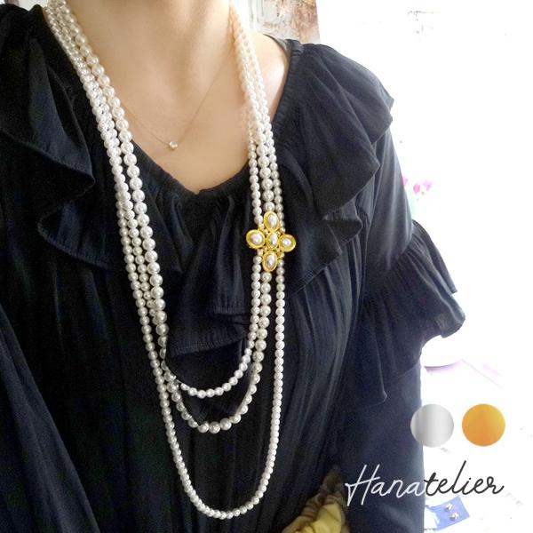 SILVER GOLD 2色 ヴィンテージ調classicalモチーフ付き3連パールロングネックレス「パーティ、結婚式に」 nec024 :nec024:Hanatelier~ハナトリエ~ 通販 ネックレス シルバー 韓国 結婚式 プレゼント 発表会 フォーマル