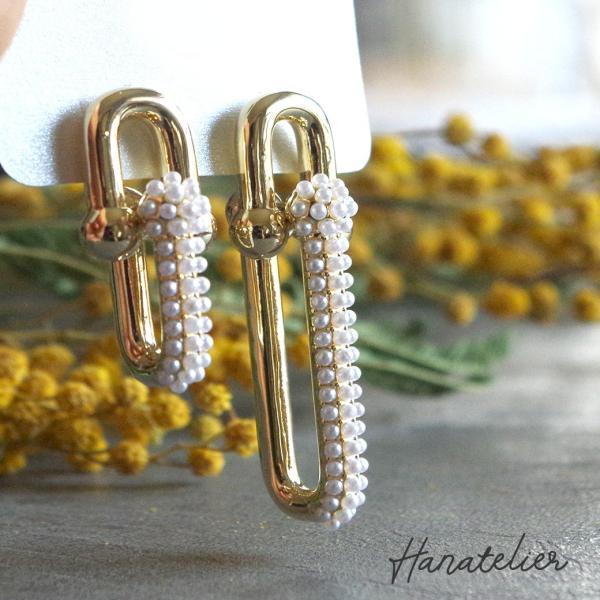 ピアス 粒パールfeminineチェーンのアシンメトリーデザインピアス 