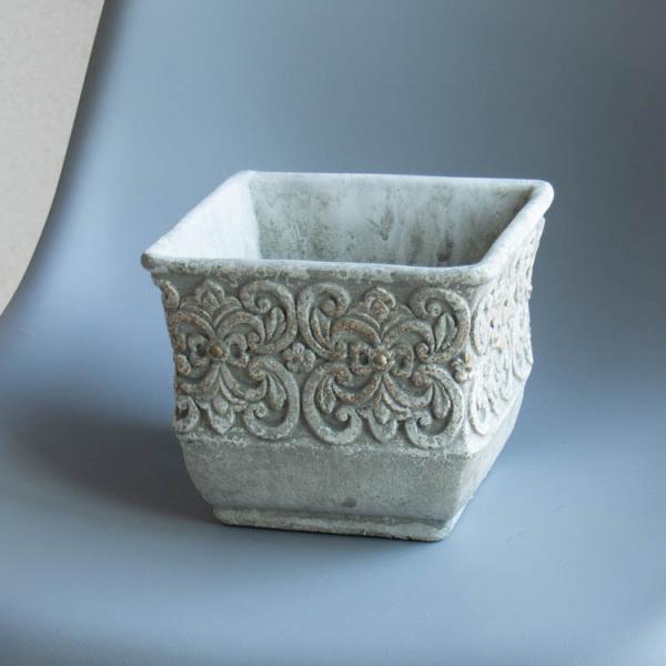 テラコッタ製 四角い植木鉢 花柄彫刻付き　スクエア鉢 hanaururu_siz-hati-er45