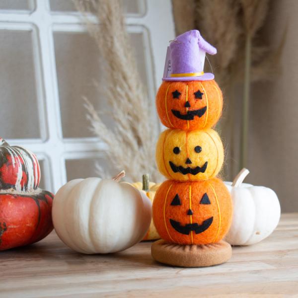 ハロウィン 雑貨『羊毛フェルト オーナメント 3段かぼちゃタワー