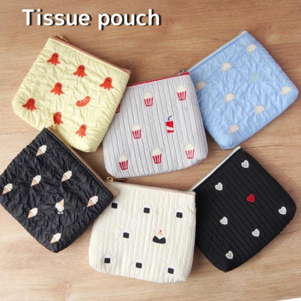 ・小さめバッグにも入れやすいコンパクトサイズ・裏面は便利なティッシュ用スペースになっています！・色違いがアクセントになった刺繍モチーフがかわいい?・ユニークな食べ物モチーフの刺繍がPOINT☆ハート・ポップコーン・おにぎり柄は立体感のあるス...