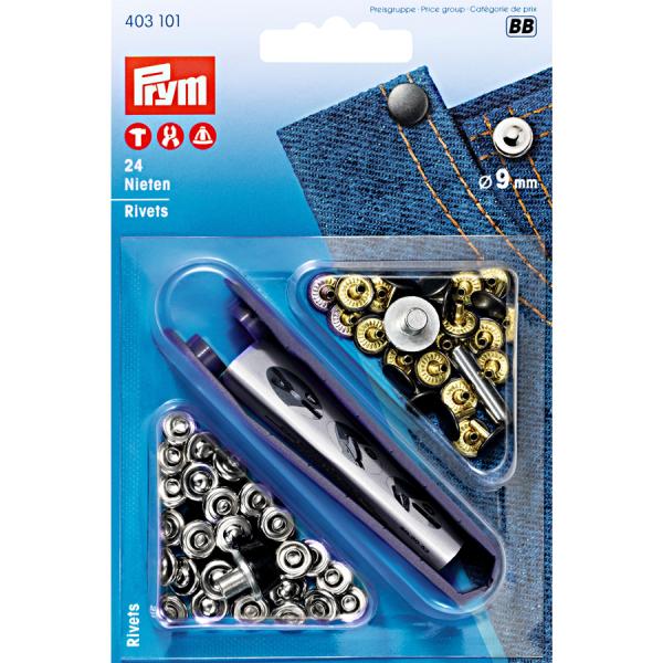 《Prym》プリム・リベット9mm/24セット　シルバー/オールドアイロン　キット付　403101
