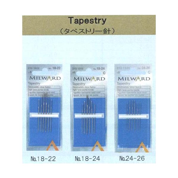 ネコポス対象商品です。金亀のリトルハウスシリーズの中の英国ミルワード針「Tapestry」＝タペストリー針。◆素材：針＝はがね、◆サイズ：太さ/長さ・No.18:1.27/48.5mm・No.20:1.09/44mm・No.22:0.94/...