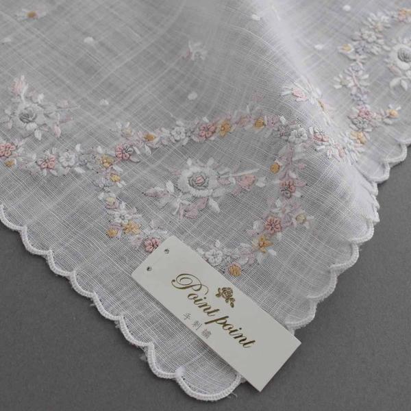 ポワンポワン ベトナム手刺繍 ハンカチ 花かざり 4203 : ハンカチーフ