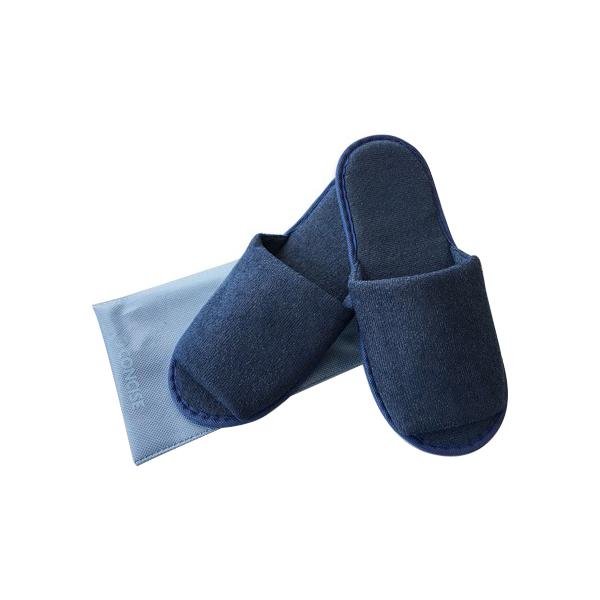 カラー：ネイビーサイズ（約）：［スリッパ］縦外寸28cm　［巾着］縦34×横16cm対応サイズ：フリー素材：［スリッパ］本体／ポリエステル、底部分／塩化ビニル樹脂　［巾着］ポリプロピレン付属品：巾着×1原産国：中国