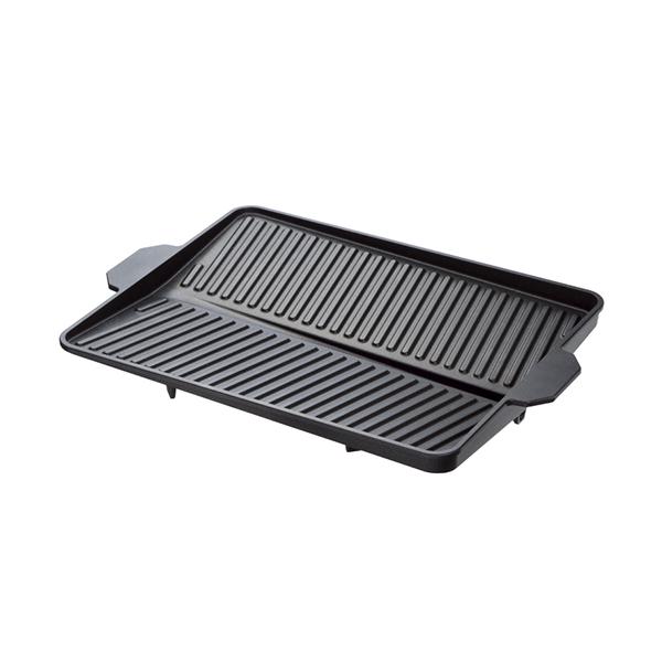 本体サイズ（約）：幅37×奥26×高4.2cm対応サイズ：［カセットコンロ］五徳の足の対角で24cm以上に対応重量（約）：0.96kg素材：［本体］アルミニウム合金　［表面］フッ素樹脂加工　［外面］焼き付け塗装