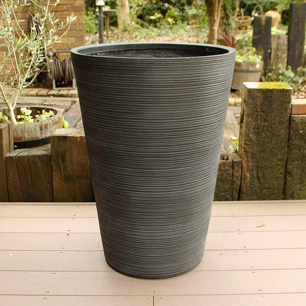 プランツマン品 植木鉢 ファイバークレイ ストライプ 丸型 背高 50×70 ブラック