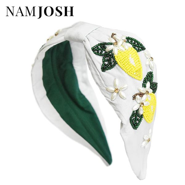 ≪NAMJOSH≫ ナムジョシュ ホワイト グリーン 花柄 レモン ビーズ幅広 カチューシャ ヘアバンド エスニック ボタニカル ナチュラル オーガニック Scarf Headband