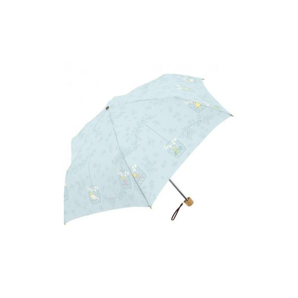 三国 50cm 裏黒コーテイング 晴雨兼用耐風楽ミニ傘 インコと鳥かごmini くすみブルーS2520574