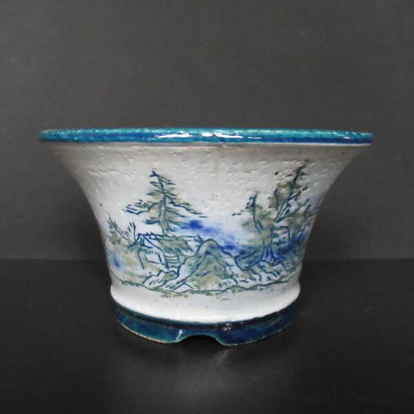 陶翠鉢　盆栽鉢　2点セット③ 中古】盆栽鉢 陶翠 小型 長辺 約11.2cm 丸鉢 色絵 春景 山水図 観賞用