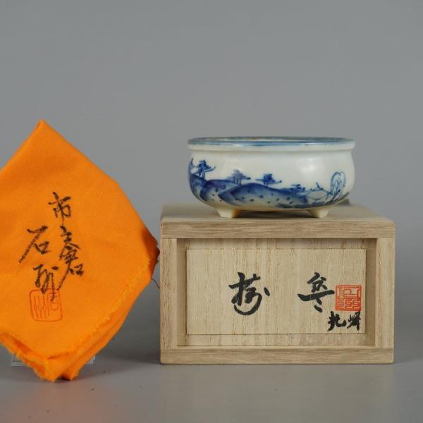 中古】 盆栽鉢 光峰 石州 小鉢 長辺 約8.3cm 丸鉢 染付 山水図 共箱