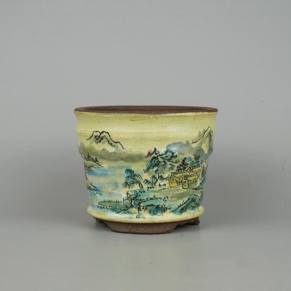 陶翠　絵鉢　盆栽鉢　小品盆栽　山野草 中古】盆栽鉢 陶翠 小型 長辺 約11.2cm 丸鉢 色絵 春景 山水図 観賞用