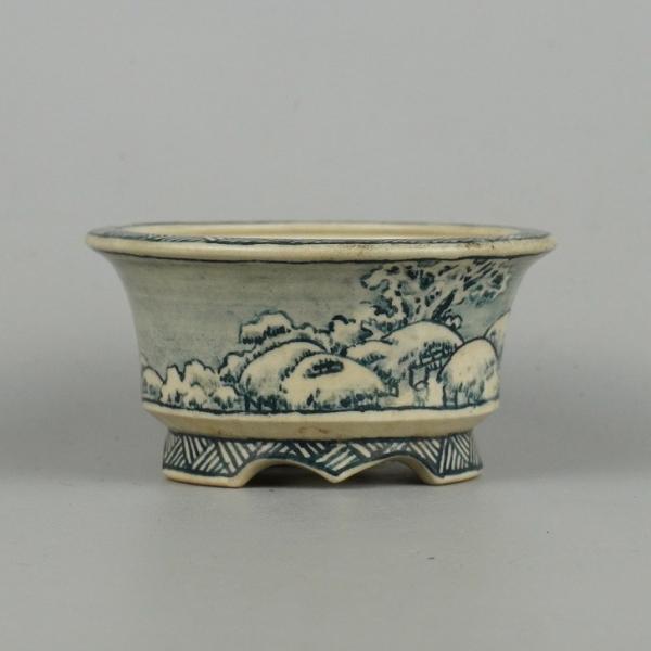 中古】盆栽鉢 佐野 大助 美功 小鉢 長辺 約7.7cm 丸鉢 山水図 箱付