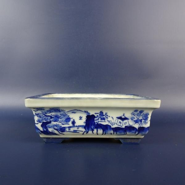 中古】盆栽鉢 松泉 小型 長辺 約 13.3cm 長方鉢 外縁 染付 風景画 人物