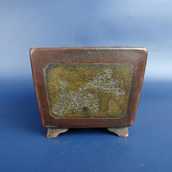 中古】盆栽鉢 建琴 小鉢 長辺 約7.8cm 正方鉢 段足 彫入 文字