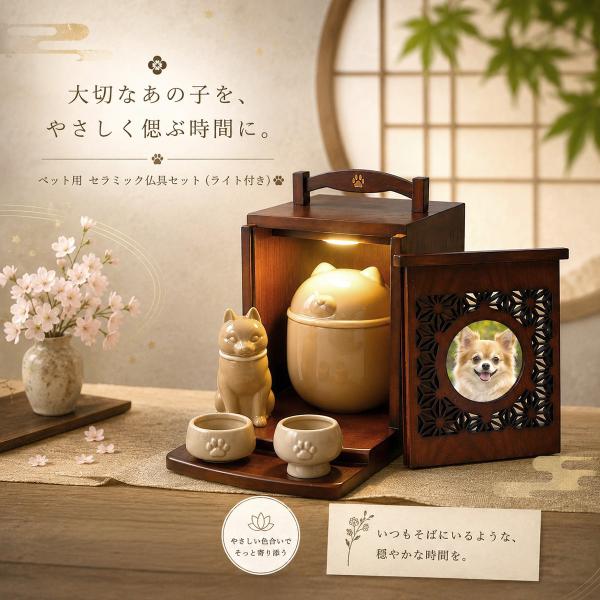 ライト付き和の仏壇＆骨壺・陶器仏具3点セット ブラウンカラー ペット仏壇セット ペット用ミニ仏壇 ペット仏具 ペット供養 ペットメモリアル おうち供養