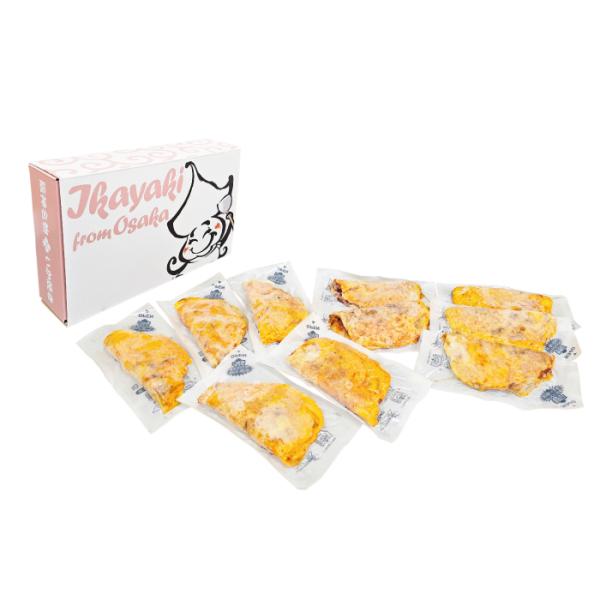 秘伝のだしとこだわりの小麦粉に歯ごたえのあるいかを練り合わせ、上下高温の鉄板で挟んで一気に焼きあげる『阪神名物いか焼き』 おいしさをそのまま瞬間冷凍・真空パックにしました。