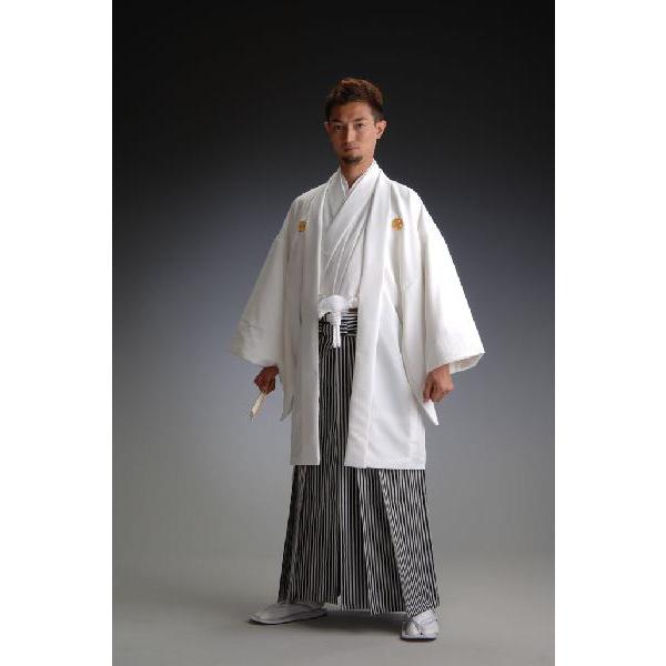 平和屋着物＃男性 長羽織 紬地 紋付き 白橡色 ロング丈 キングサイズ