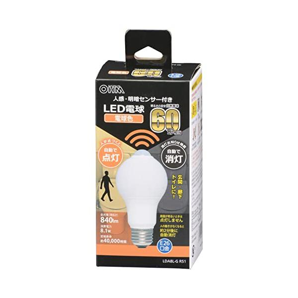 他サイト： オーム(OHM) 電機 LED電球 E26 60形相当 人感明暗センサー付 電球色 人感センサー 60ワット相当 自動点灯 玄関 トイレ 廊下の商品画像