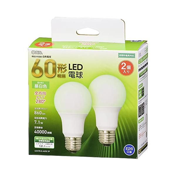 他サイト： オーム(OHM) LED電球 E26 60形相当 昼白色 全方向 2個入 オーム電機 LDA7N-G AG52 2P 06-4708の商品画像
