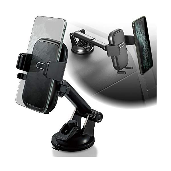 他サイト： エレコム 車載ホルダー スマホホルダー スマホを置くだけでガッチリホールド ロングタイプ フットパーツ有 吸盤設置(補助板付) ブラック EC-の商品画像