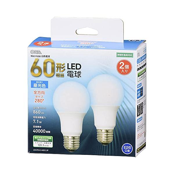 他サイト： オーム電機 LED電球 E26 60形相当 昼光色 全方向 2個入 LDA7D-G AG52 2P 06-4709 OHMの商品画像
