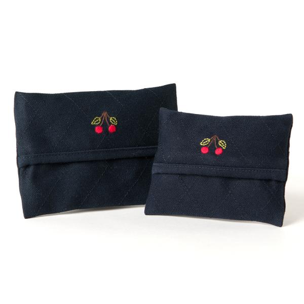お受験 ティッシュケース 手刺繍 さくらんぼ ポケットティッシュケース ちり紙入れ 2サイズ