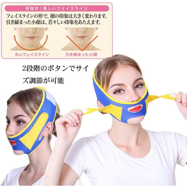 小顔リフトアップベルト 小顔マスク 小顔コルセット 小顔矯正 美容グッズ 美顔器 男女兼用 耳穴 あご穴 口穴 あり サイズ調整ベルト2段式 青×黄色