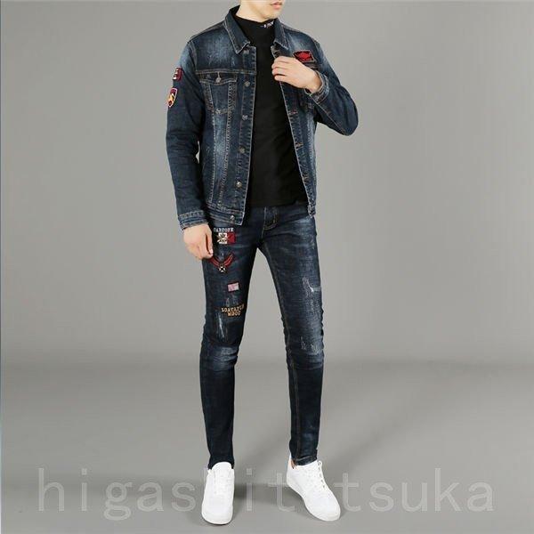 デニムジャケット スリムデニムジャケット メンズ セットアップ 軍物ワッペン オールインワン スキニーデニムパンツ デニムジーンズ 刺繍 かっこいい Gdzd5eb Happy Beauty Store 通販 Yahoo ショッピング