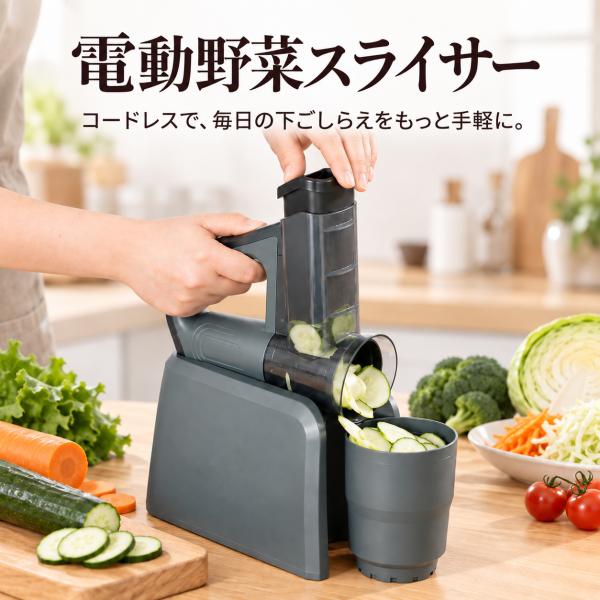 スライサー 電動 コードレス 千切りスライサー 野菜スライサー 1台5役 多機能 フードカッター 千切り スライス 細切り USB充電 2600mAh 5種ブレード