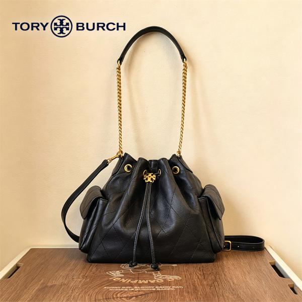 TORY BURCH CHARLIE QUILTED DRAWSTRING SHOULDER BAG トリーバーチ ショルダーバッグ 斜め掛け ブラック クリーム スモール レザー 側面ポケット
