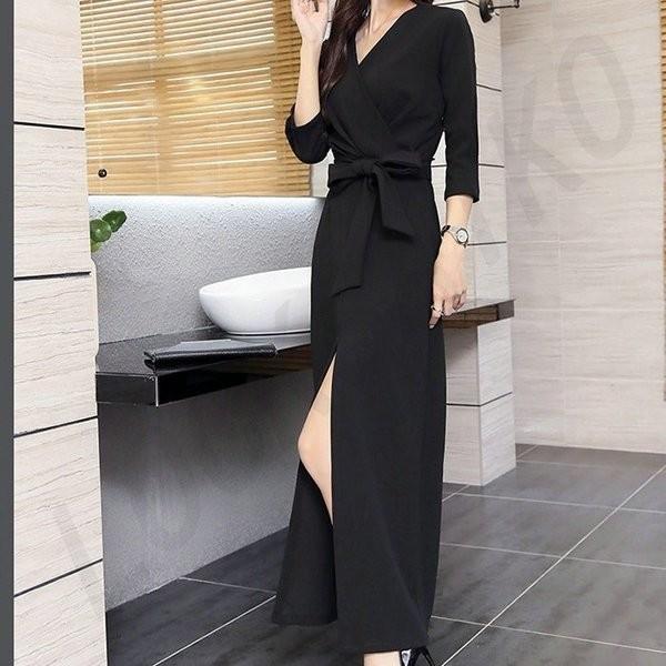 ワンピース レディース ロングワンピース 九分袖 おしゃれ 黒ワンピース スリットドレス フォーマル ワンピ 大きいサイズ 着痩せ 春 結婚式 二次会 お呼ばれ Happyhukurou03wps640 Energetic Shop誠 通販 Yahoo ショッピング