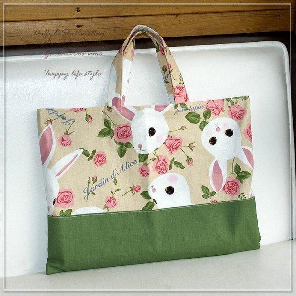 入園・入学準備に レッスンバッグ（グリーンうさぎ）sta78-lessonハンドメイド