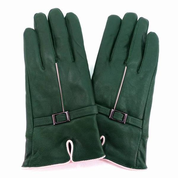 手袋 レディース レザー 羊革 裏起毛入り 白ライン モスグリーン 本革